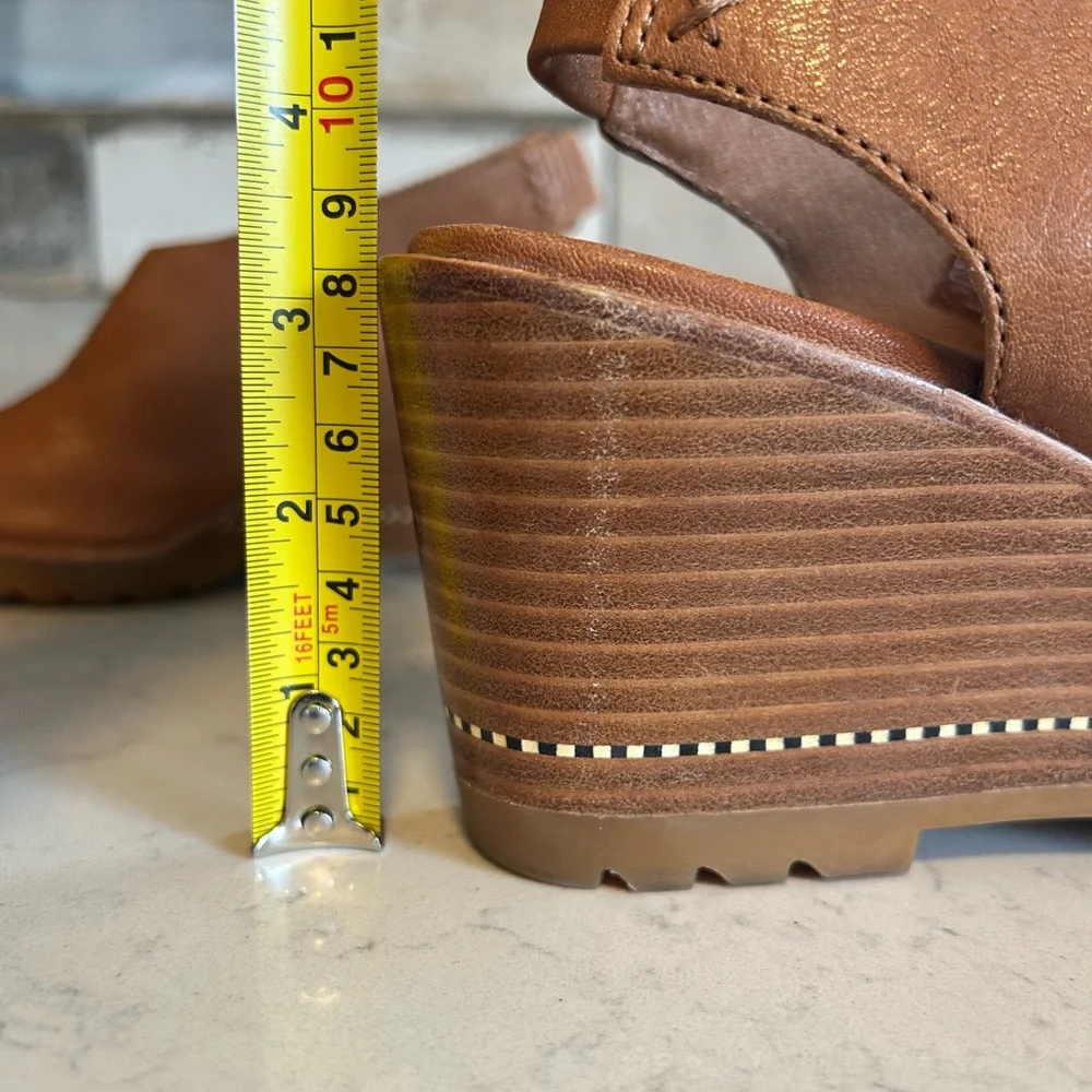 Sorel Nadia Camel Brown Leather Slingbacks Wedge Heeled Sandals - Picture 11 of 14